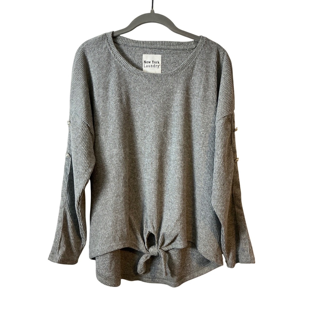 New York Laundry Grey Ribbed Knit Tie Front Long Sleeve Top Women's Size‎ L